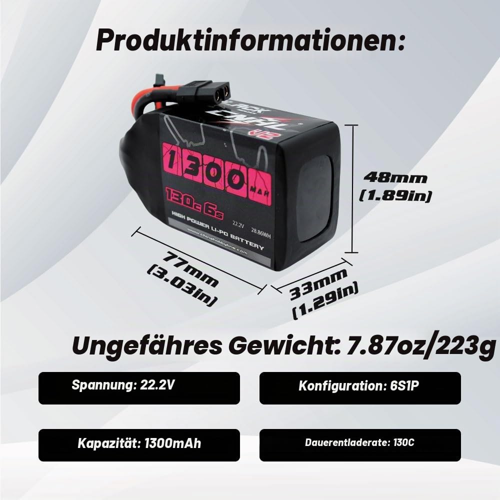 CNHL 1300mAh 6S Lipo Akku 22.2 130C mit XT60 Stecker für UAV Drohnen FPV Rennrad Quadcopter Flugzeug Hubschrauber RC Auto RC Boot (2 Stück)