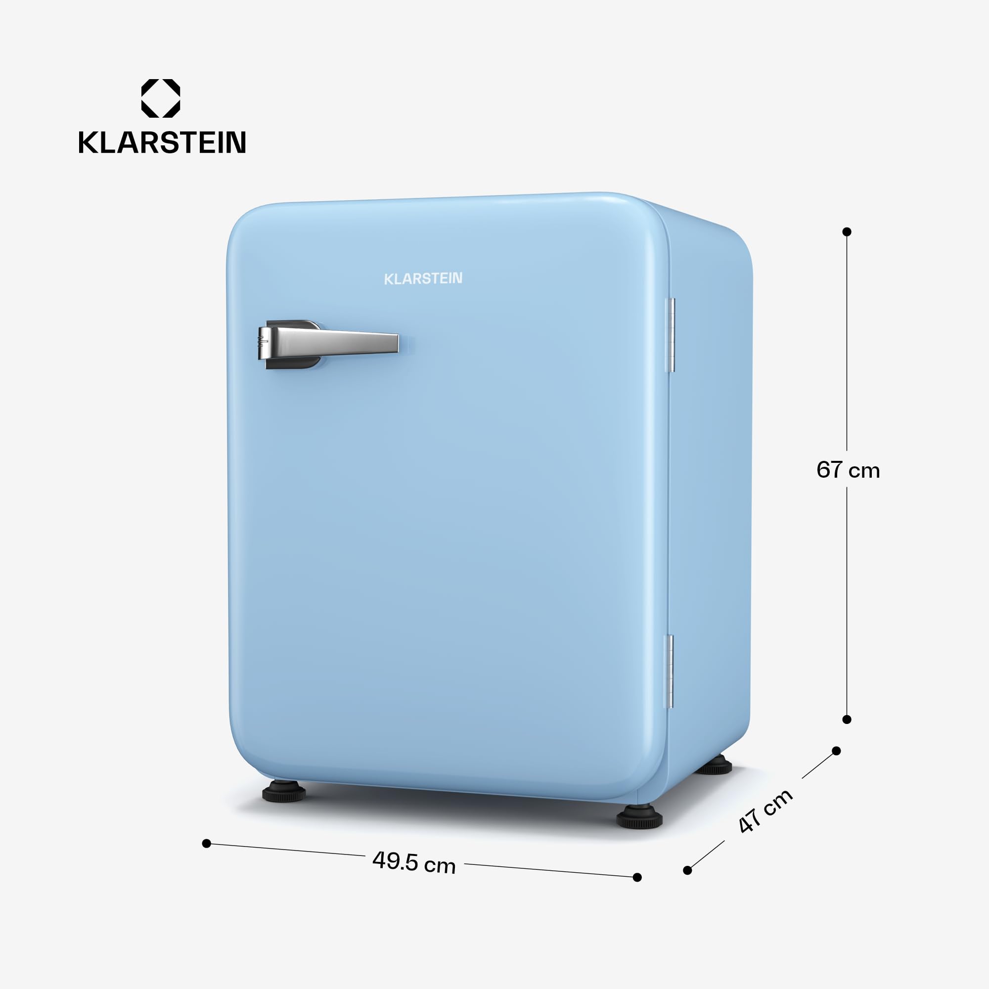 Klarstein Audrey Evo 68L Retro mini lodówka - Cicha 40 dB, Kompaktowa mała lodówka z regulowanymi nóżkami, Drzwi dwustronne, Termostat mechaniczny, Niebieska, Idealna do sypialni i biur