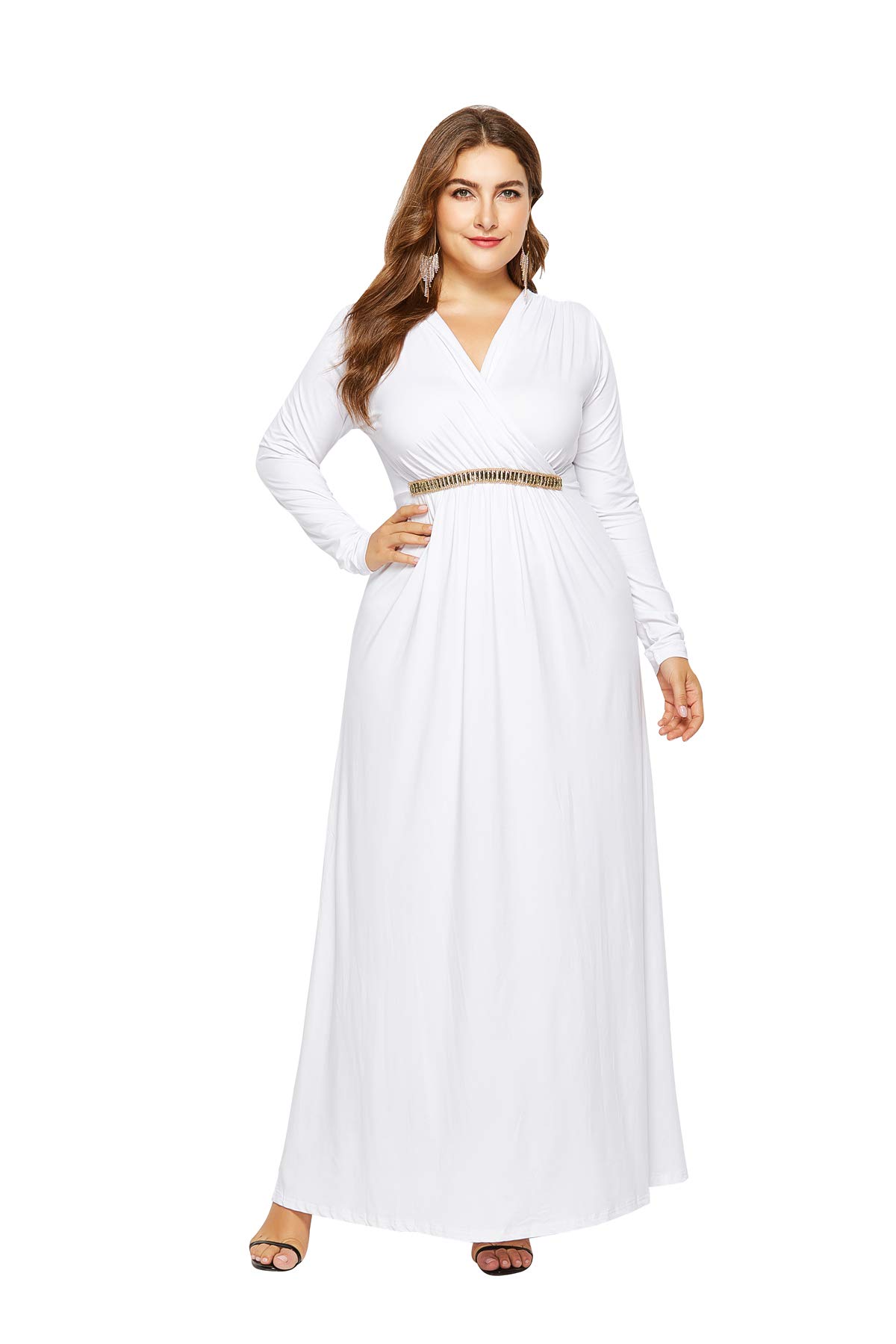 ESPRLIA Women's Plus Size V Neck Empire Waist Long Sleeve Maxi Casual Dresses with Metal Decoration
