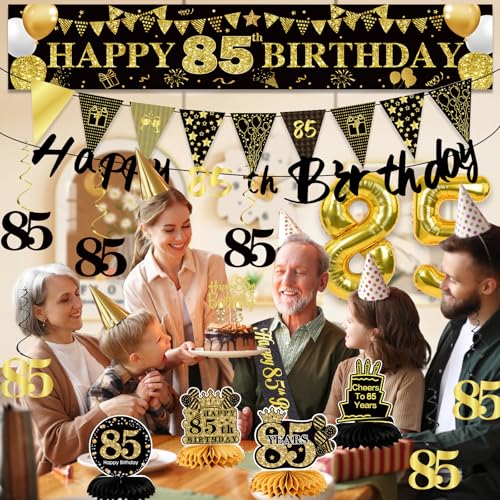 Image of 85th Birthday Decorations for Men, Black Gold 85th Party Decoration Kits | 27pcs Happy 85th Birthday Set: Banner, Honeycomb, Balloons, Gold Number, Candle, Hanging Swirls, Cake Topper, Party Supplies
