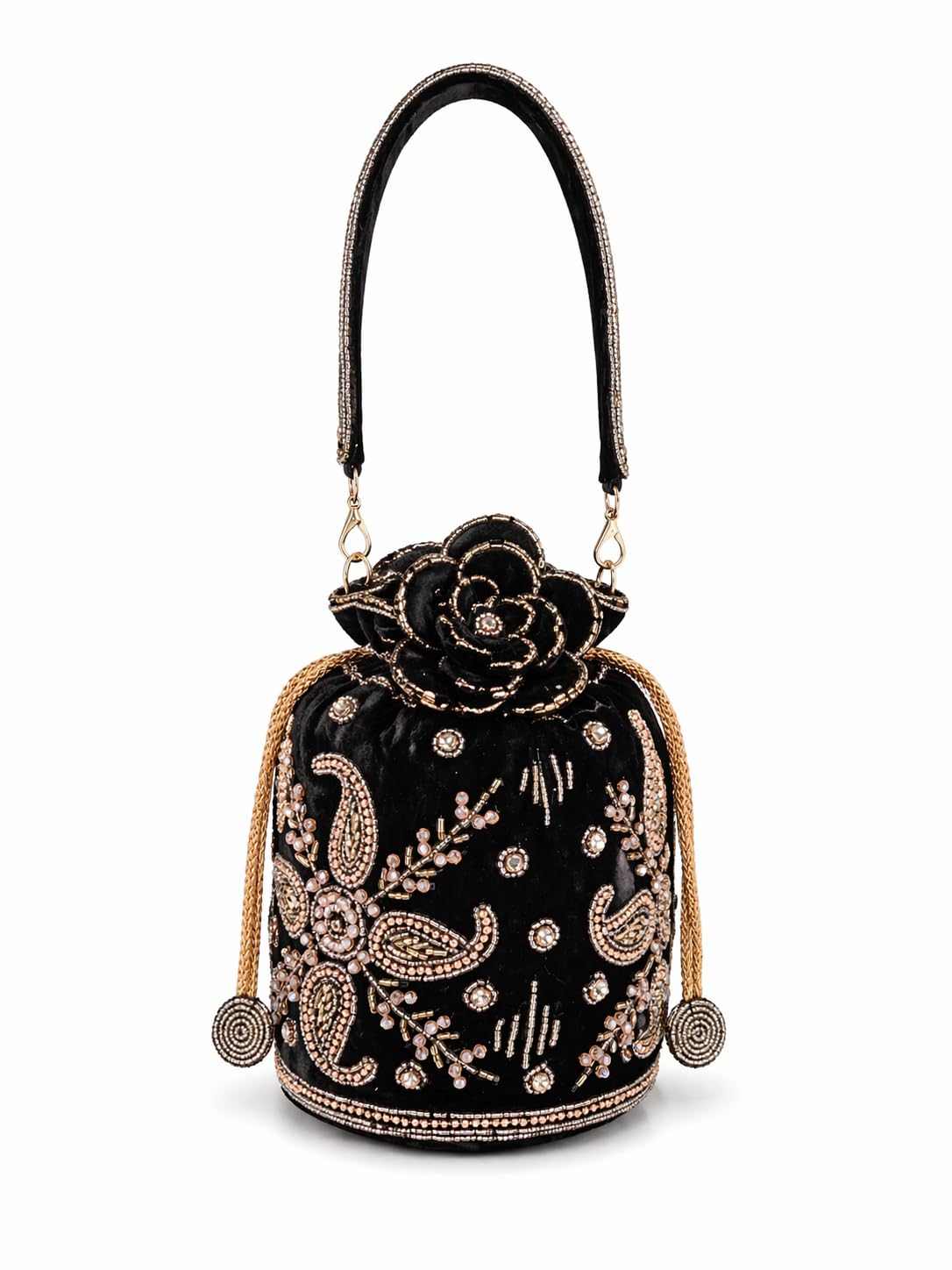 Black Velvet Bag with Golden Embroidery, Ethnic Drawstring Handbag, Designer Clutch with Handle for Wedding & Party-image-16
