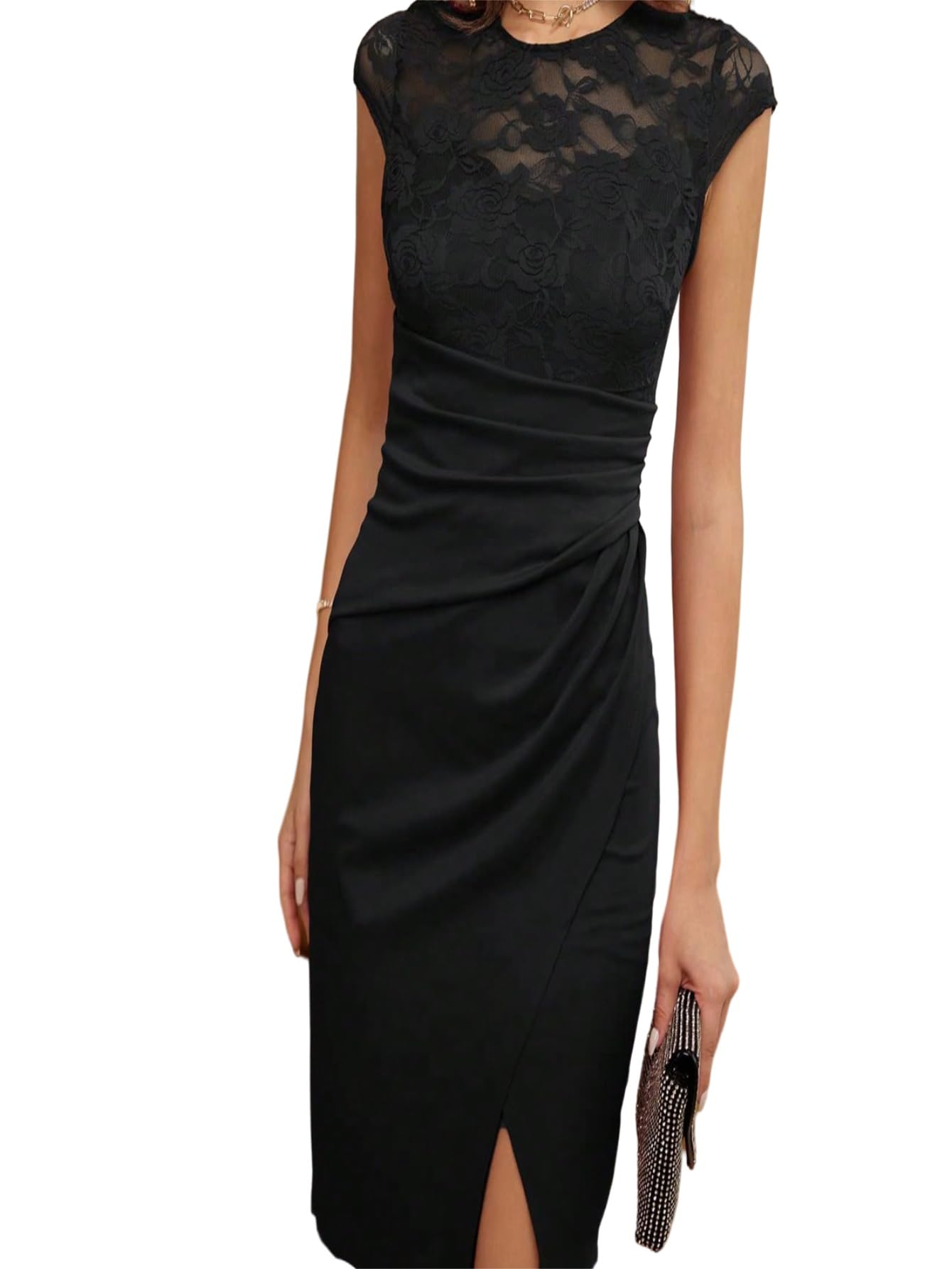 SweatyRocks Damen Elegant Kleid Mit Schlitz Enger Spitzenkleid Bürokleid