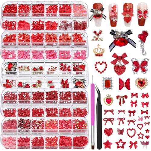 5 Boxes Nail Charms and Gems 24Pcs Y2k Alloy Nail Art Rhinestone Charms 3D Bow Flower Crown Heart Star with Tweezers and Pick up Tools for Women Nail Design DIY Crafts Face Makeup Gems Jewels(Red)