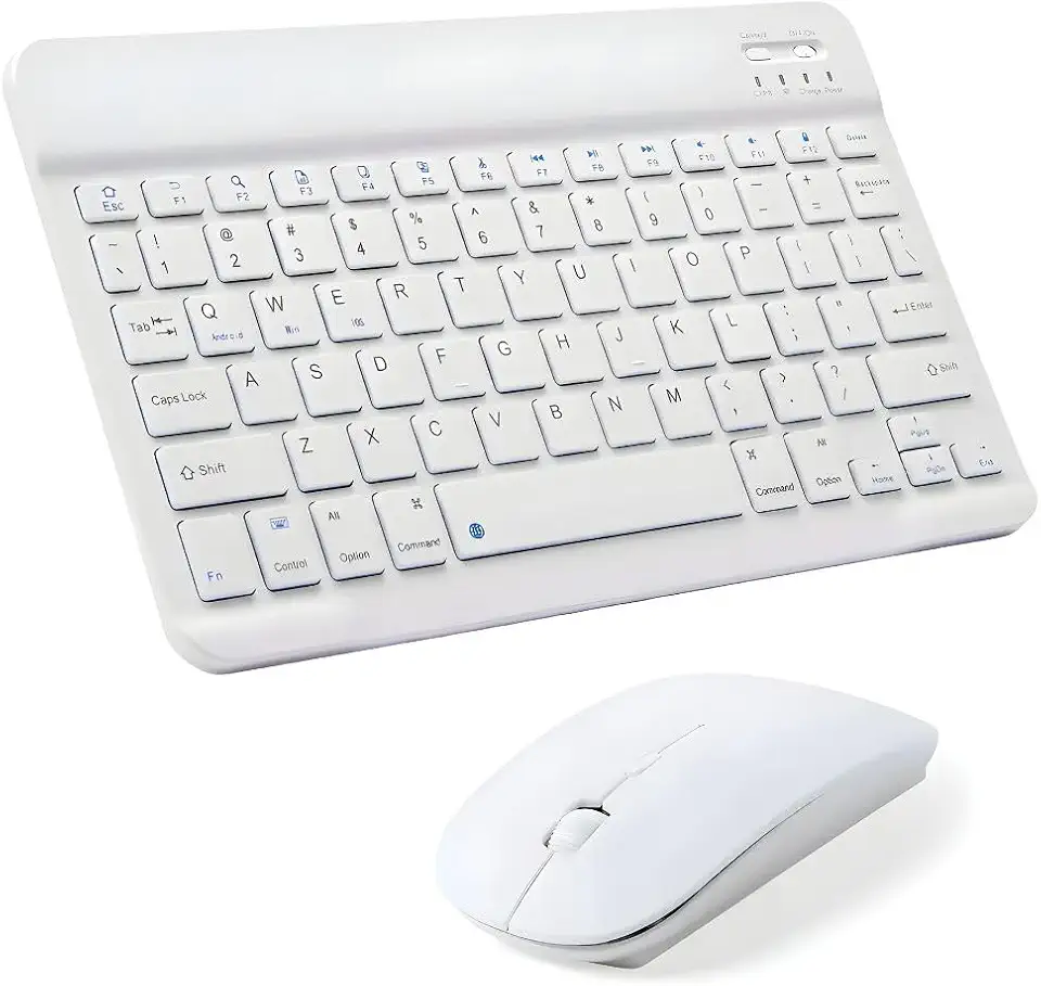 Teclado E Mouse Bluetooth Recarregáveis – Design Slim, Silencioso E Ergonômico Para Escritório E Casa Para Computador, Tablet E Laptop Ipad | Kit Premium Sem Fio 2 Em 1 (ABNT2) (Branco)