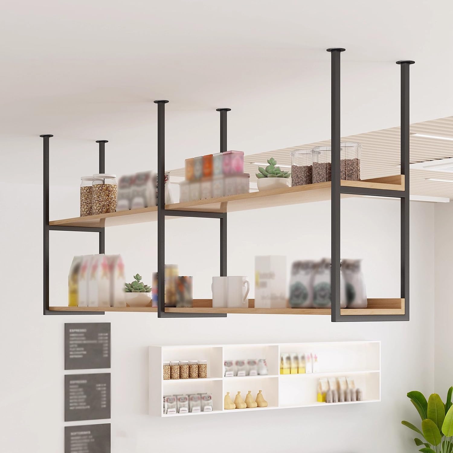 Ceiling Mount Storage Rack, Heavy Duty Floating Shelves, 2-Tier Wooden Hanging Wine Bottle Dish Organizer for Dining Room, Kitchen, Bar(140x30x80cm)