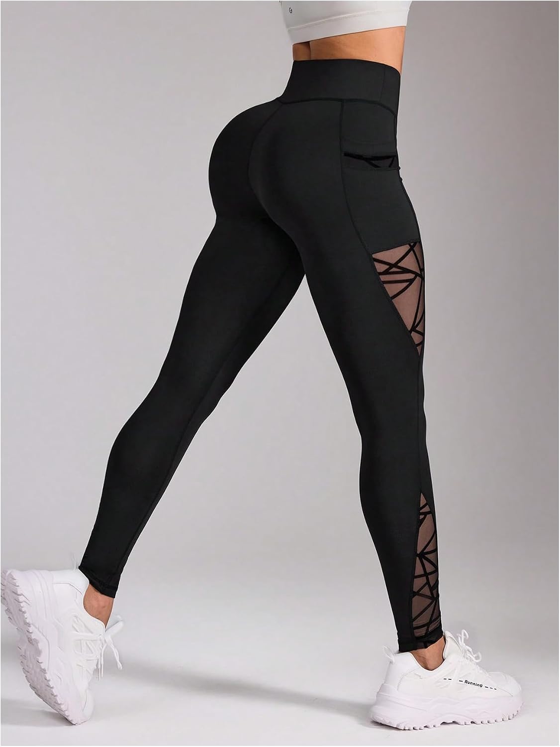 OYOANGLE Women's High Waisted Mesh Yoga Leggings Tummy Control Workout Athletic Gym Pants with Pockets