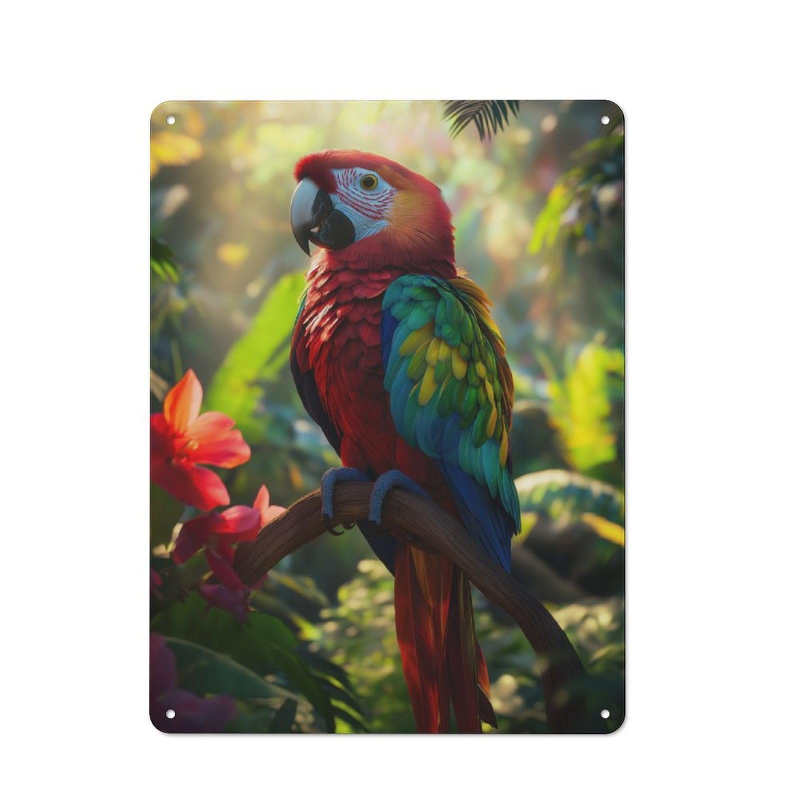 Junmoney Scarlet Macaw Parrot In Jungle Retro Metal Wall Sign 40X30cm With For Pub Or Café, A Housewarming Gift For Hospitality Wall Decor Collectors