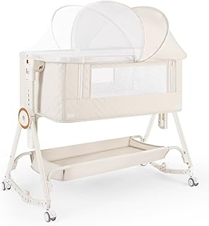 HOLAVIDA 5 in 1 Beistellbett Baby, Höhenverstellbare Babywiege, Stubenwagen Baby mit Wickeltisch, Aufbewahrungskorb, Moskitonetz, Matratze, Tragbar Reisebett für Neugeborene/Kleinkinder (Beige)