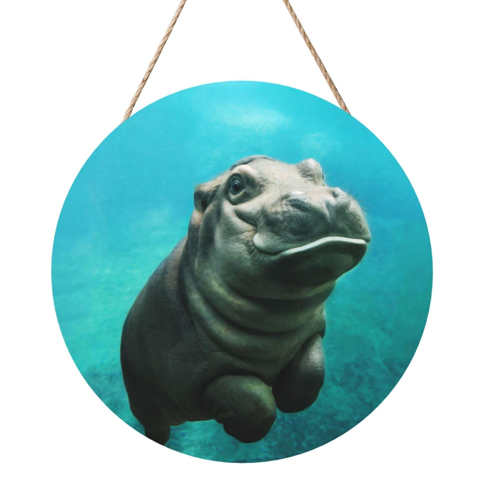 InOmak Funny Hippo, Round Wood Panel Painting 12 in, Wall Hanging Painting For Home