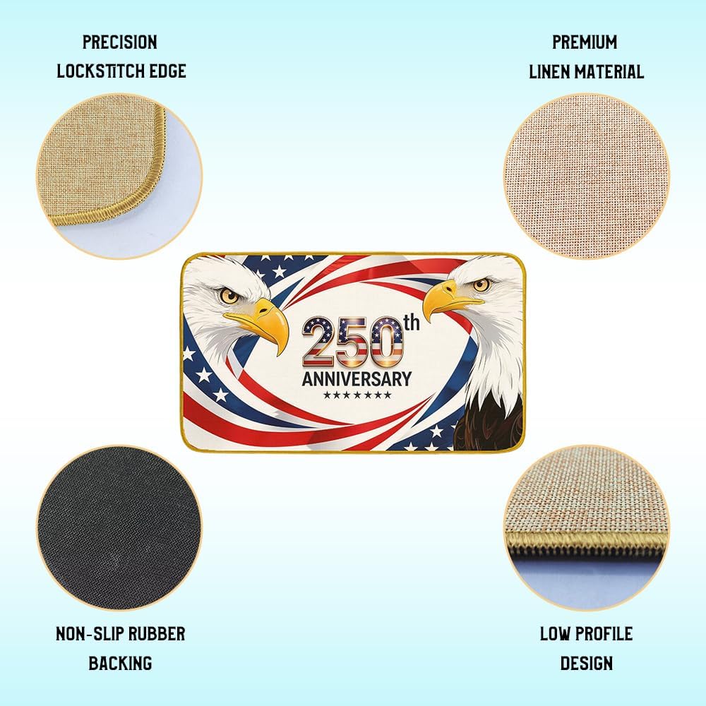 250th Special Anniversary Door Mat, America Flag Linen Indoor Outdoor Entry Mat, Eagle Design Welcome Mat Front Door, Non Slip Rubber Floor Mat, 1776-2026 Year Decor (250th, 17 x 29.5 Inches)