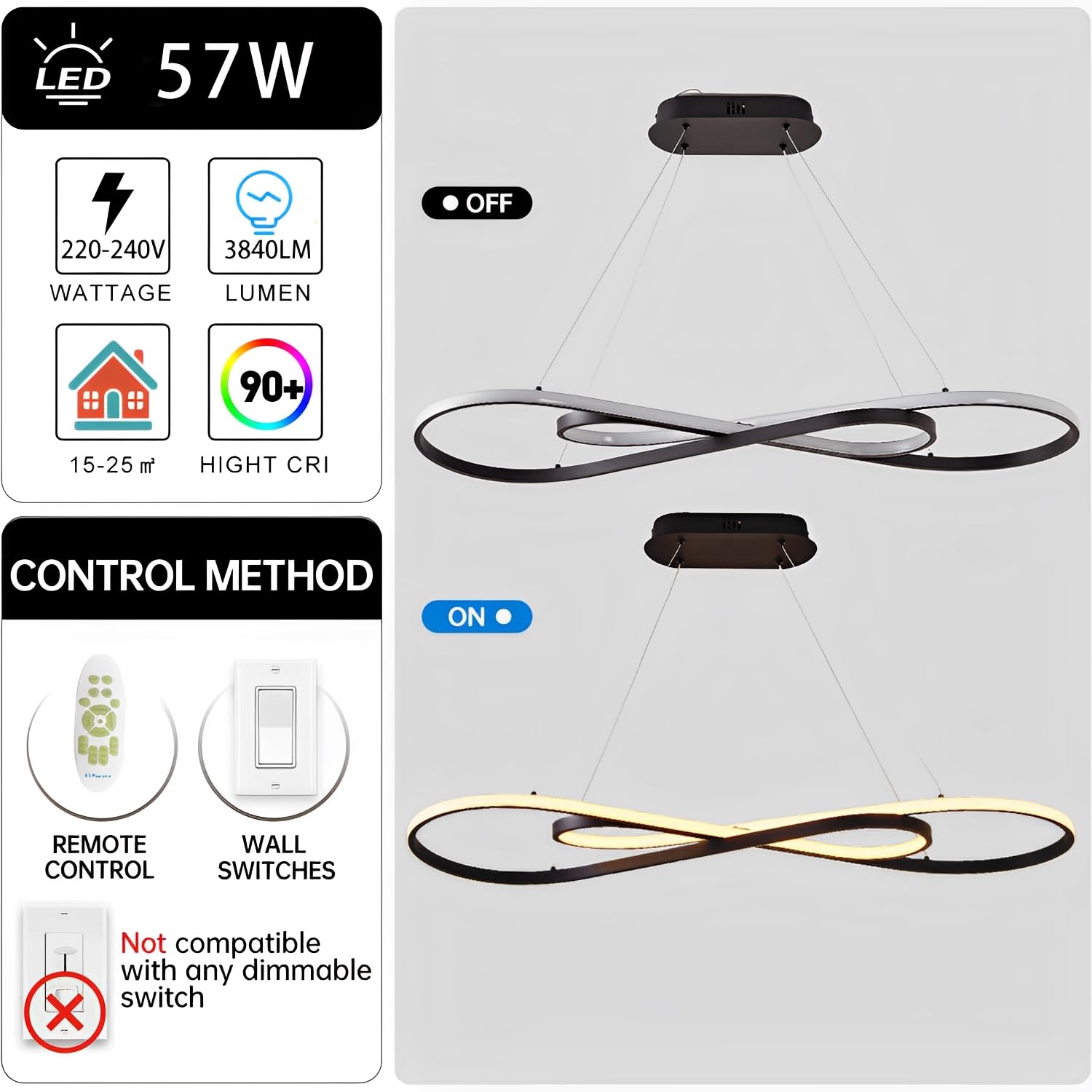 57W LED Pendelleuchte, Doppelfigur 8 Design, Schwarz | Dimmbare Hängelampe mit Fernbedienung, Pendellampe Hängend Höhenverstellbar, Hängeleuchte für Esstisch, Esszimmer und Küche