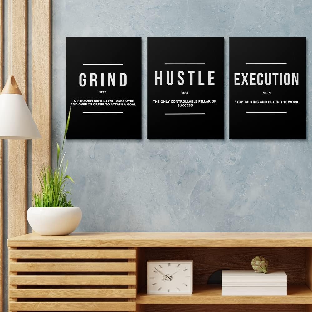 GUBIYU Black Hustle Grind Execution Wall Art Set of 3 Framed Canvas Office Inspirational Motiviational Wall Decor Art Positive Quotes Posters Living Room Pictures Walls Decor for Mens Guys 12"x16" - Image 5