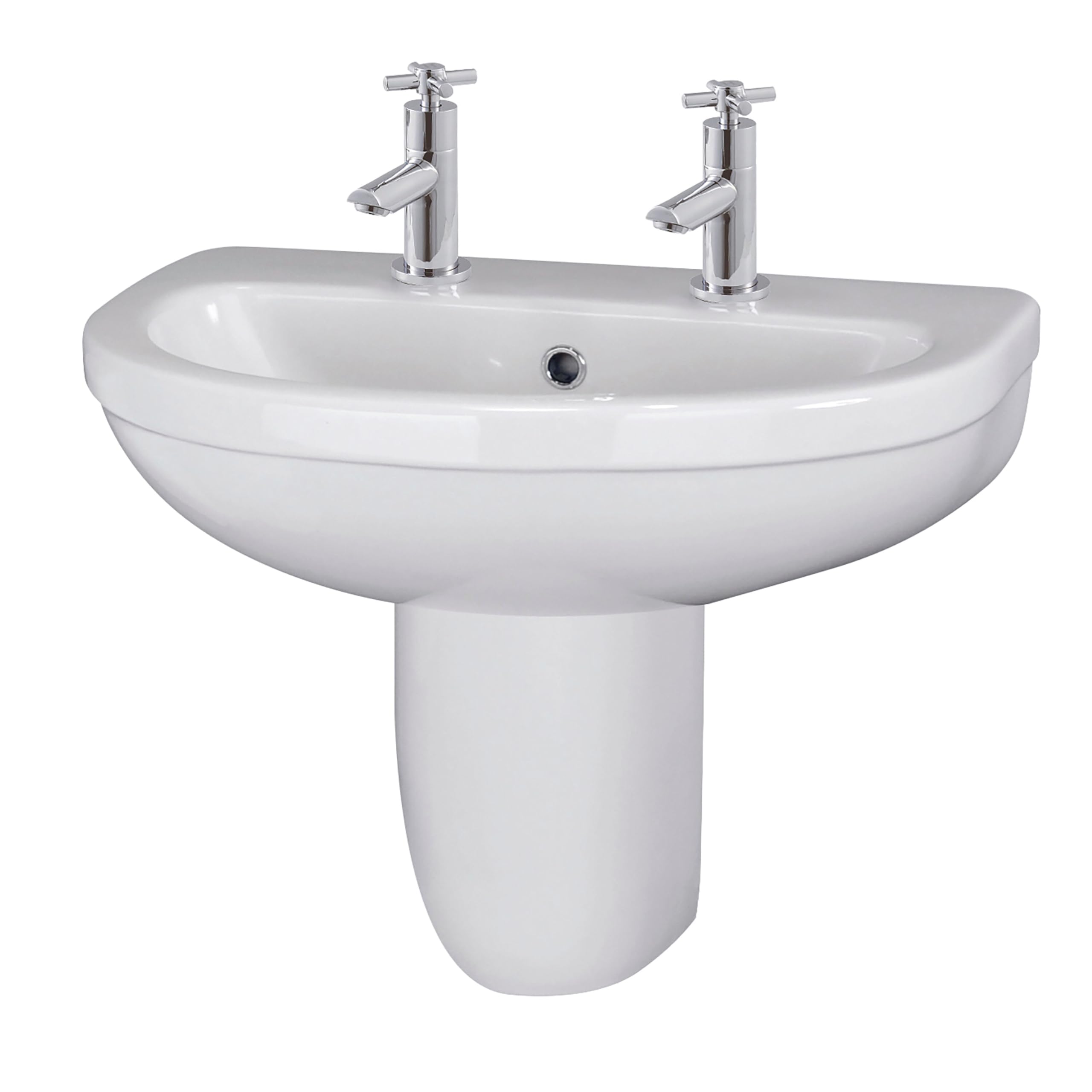 Balterley White 555Mm Bathroom Sink, Semi Pedestal Ceramic Round Bowl Bathroom Wash Basin Sink With Overflow, 2 Tap Hole, Wall Mounted Basin Sinks For Cloakroom - 555 X 445 X 498Mm (White)