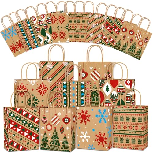 Vellibring 24pcs Christmas Kraft Gift Bags Xmas Paper Bags with Handle Goody Bags Medium Xmas Assorted Paper Christmas Prints Bags for Holiday Party Decor Favors Supplies