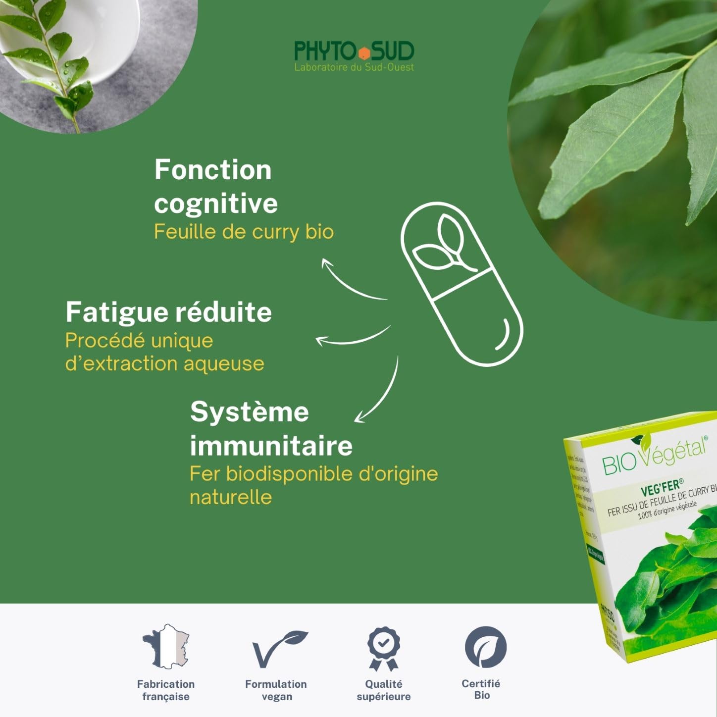 Phyto Sud Veg'Fer - Complément Fer Bio - Fer Complément Alimentaire d'Origine Végétale - Extrait de Feuille de Curry Bio - 60 Gélules de Fer Bio - Cure de 2 Mois - Fabriqué en France