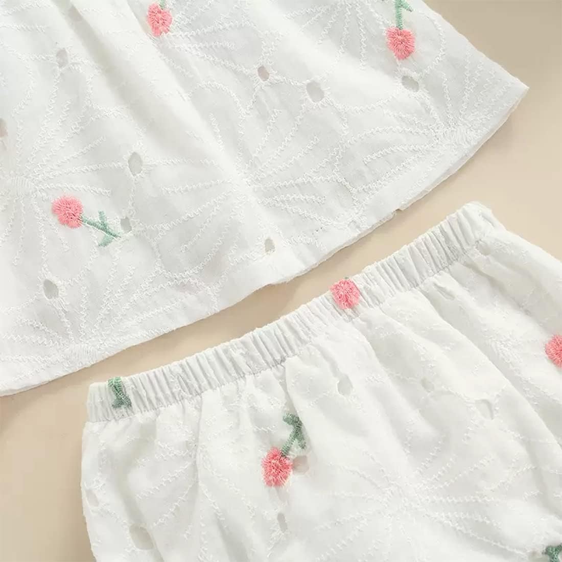 stylesilove 乳児 赤ちゃん 女の子 ホワイト 半袖 アイレット フラワー 刺繍ドレス、ブルマとヘッドバンド 3ピース コ