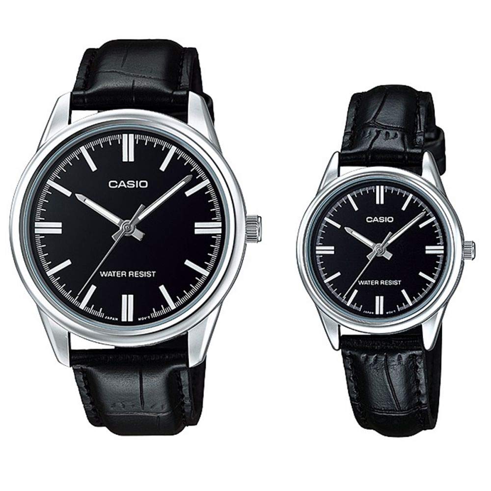 CasioHis & Her Black Dial Leather Band Couple Watch - MTP/LTP-V005L-1A
