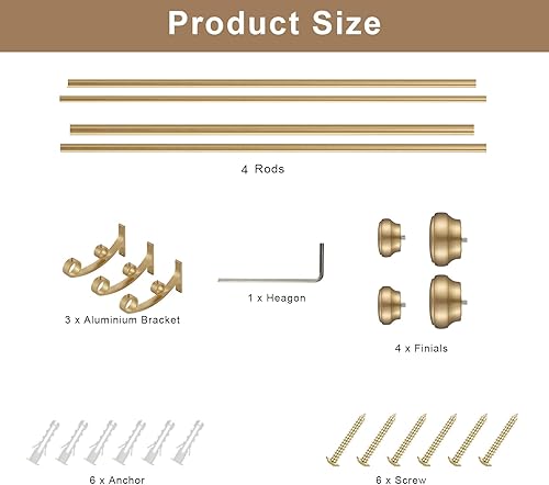 Miniatura 7 de Modernas barras de cortina dobles, barra de cortina dorada cálida de 36 a 72 pulgadas de longitud con tapas de extremo decorativas simples, 1