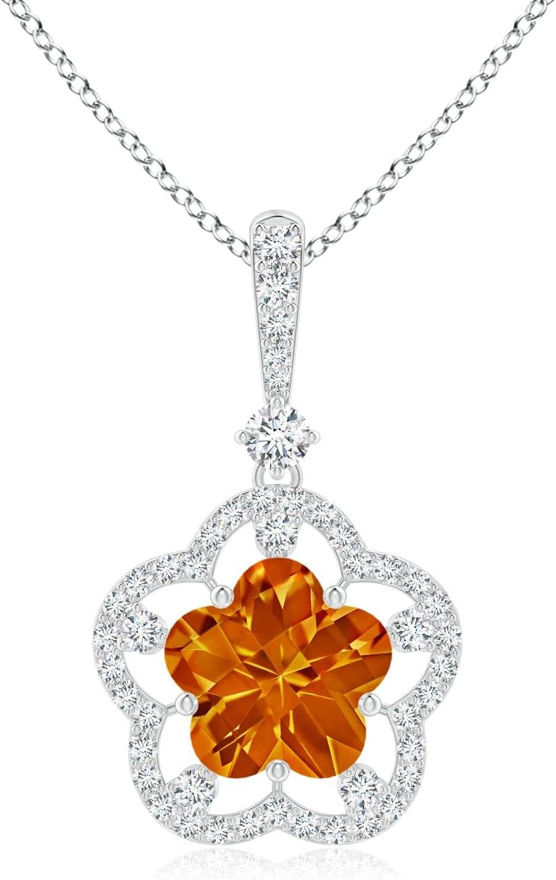 Angara Natural Citrine Pendant for Women | Five Petal Flower Shape Citrine Diamond Halo Pendant Necklace in 14K Solid Gold/Platinum With 18" Chain | November Birthday, Gemstone Jewelry Gift