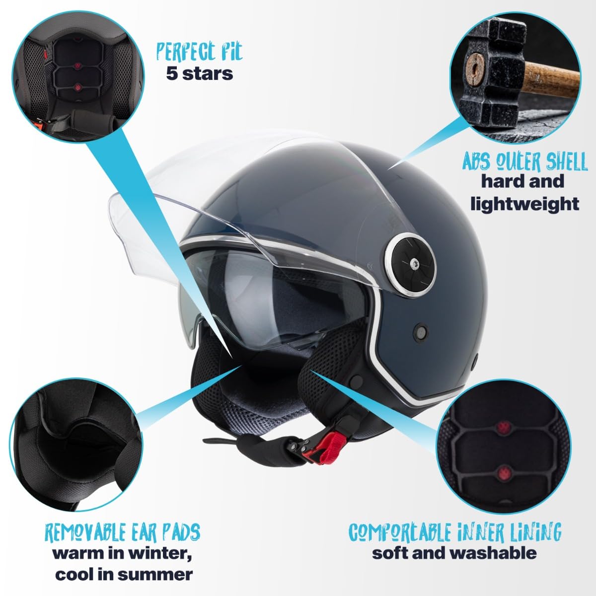 VINZ Tobia Casco Jet con Doble Visera | Casco Scooter & Moto & Ciclomotor | con Visera Solar | ECE 22.06 Homologado | En Tamaño XS - XXL | para Hombre y Mujer