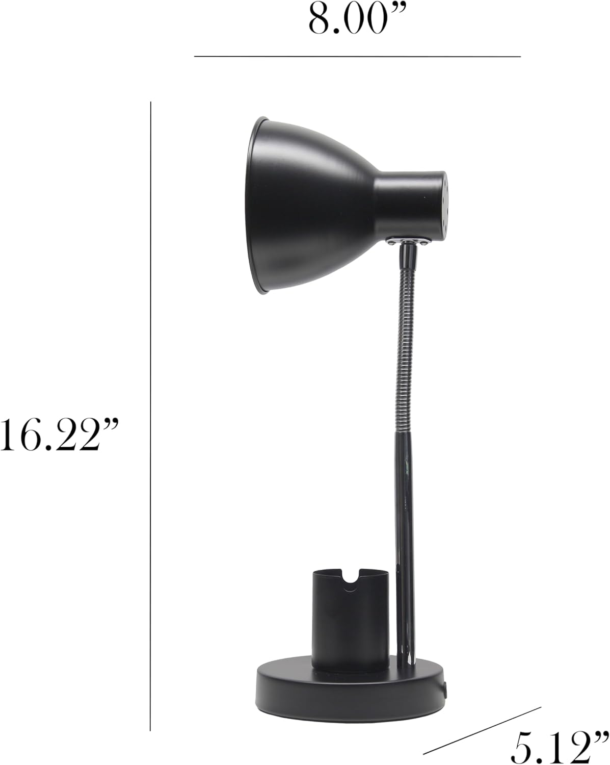 Simple Designs LD1076-BLK 16.22" Sleek Essentials Adjustable Metal Desk Task Lamp with Organizer Compartment, Modern Task Lighting for Office, Desk, Nightstand, Dorm, Black