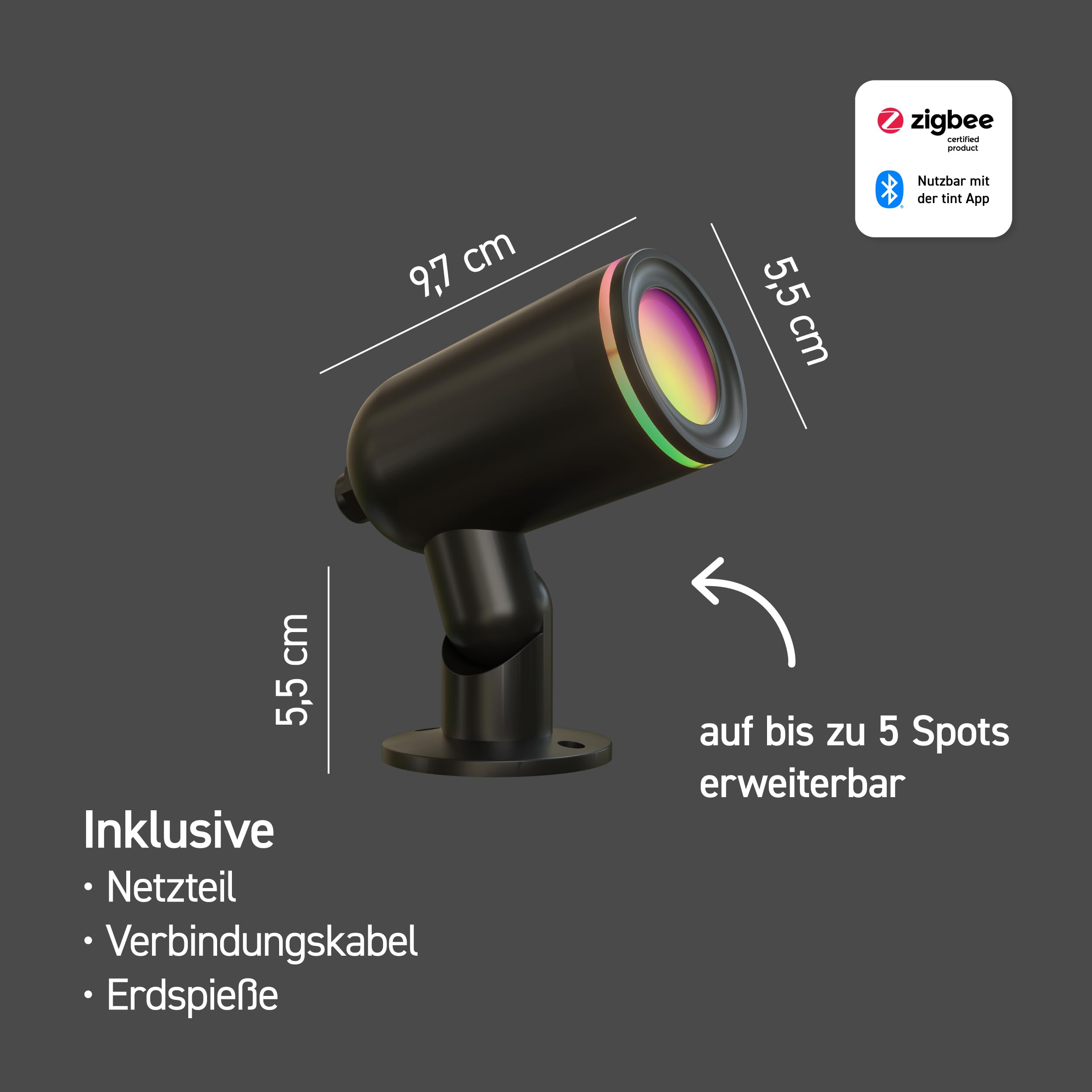 tint Set di 3 faretti da giardino intelligenti a LED Flores GEN 3 con picchetto, cambio colore RGB, IP44, 13 W, dimmerabile, lunghezza cavo 9 m, Zigbee, BT, funziona con app Alexa e tint