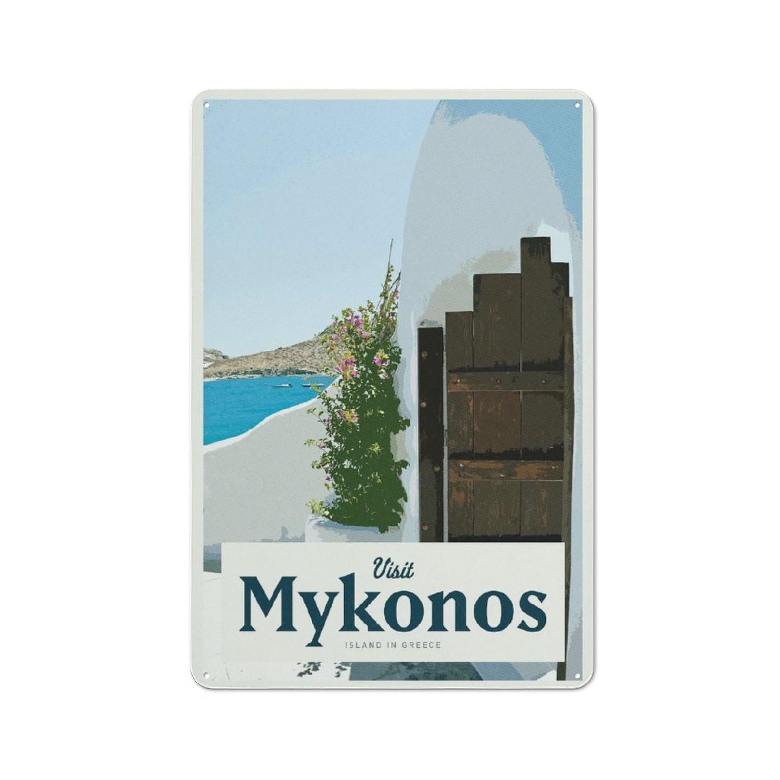 Junmoney Style-18 Visit Mykonos Printed Metal Sign 30X20cm For Lounge Or Reading Corner, For Retro Home Interiors, For Garage And Workshop Walls