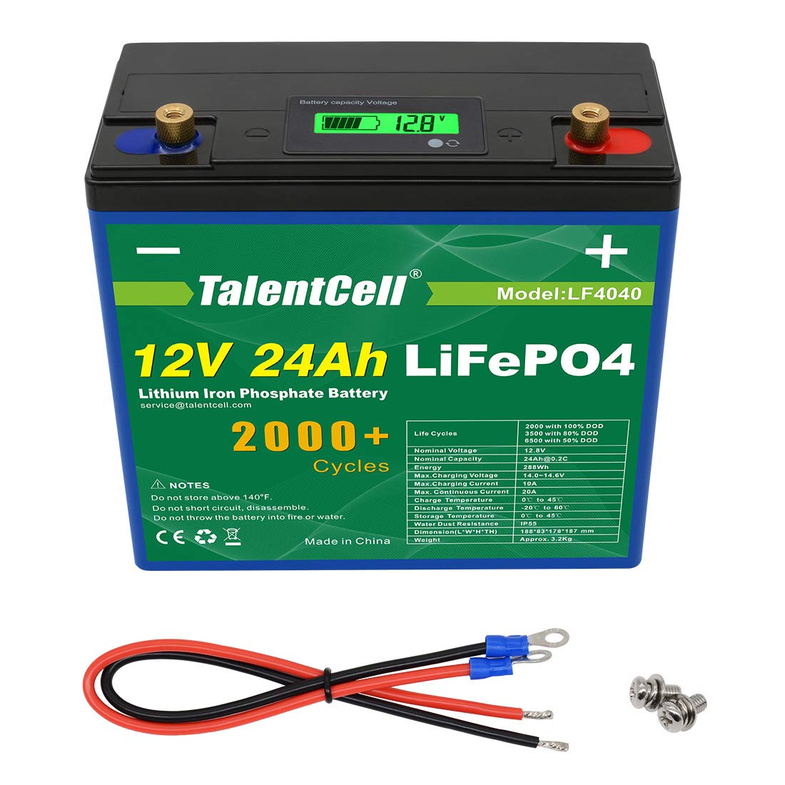 TalentCell 12V 24Ah LiFePO4 Battery Pack LF4040, 12.8V 288Wh Deep Cycle