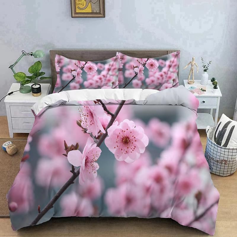 Housse de couette 140x200 fleurs de cerisier gris avec 2 taies d'oreiller