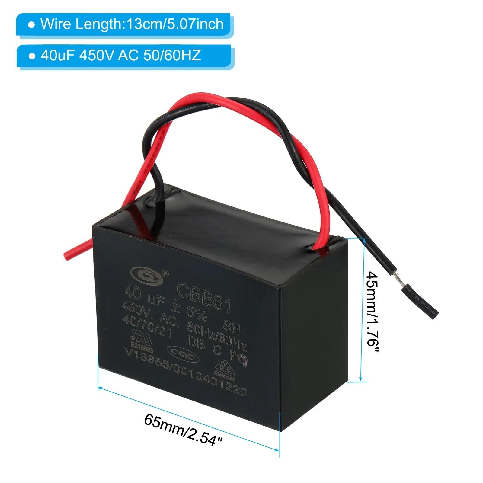 Condensador de ventilador de techo CBB61, 1/2 Uds., 12uF-40uF, 450V CA 50/60HZ con 2 cables for Motor de ventilador de aire acondicionado, condensadores de funcionamiento en estrella(2Pcs 16uF)