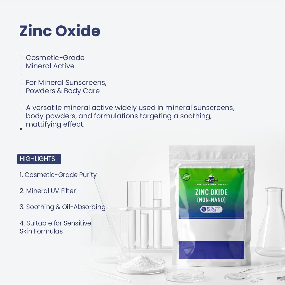 MYOC Pure & Fine Cosmetic Grade Quality White Zinc Oxide (ZnO) Powder Nano-Sized Particles for DIY Personal and beauty care Raw Material Ideal for SPF sunscreen Diaper Rash Cosmetics in Babies- 110 GM 1