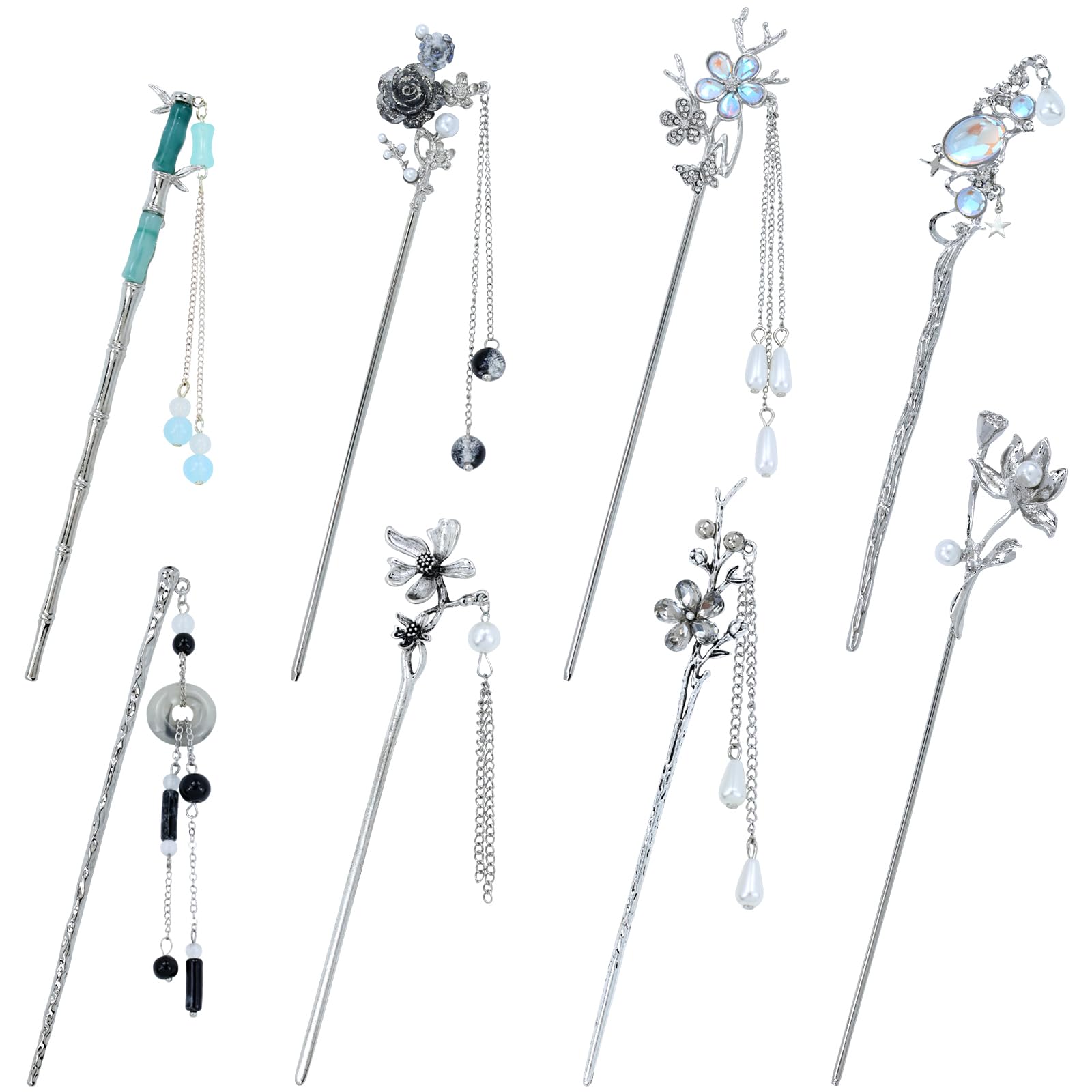 inSowni 8 Pcs Retro Vintage Asian Chinese Traditional Hanfu Silver Metal Flower Hair Sticks with Pearl Bead Pendants Bamboo Lotus Long Hair Chopsticks