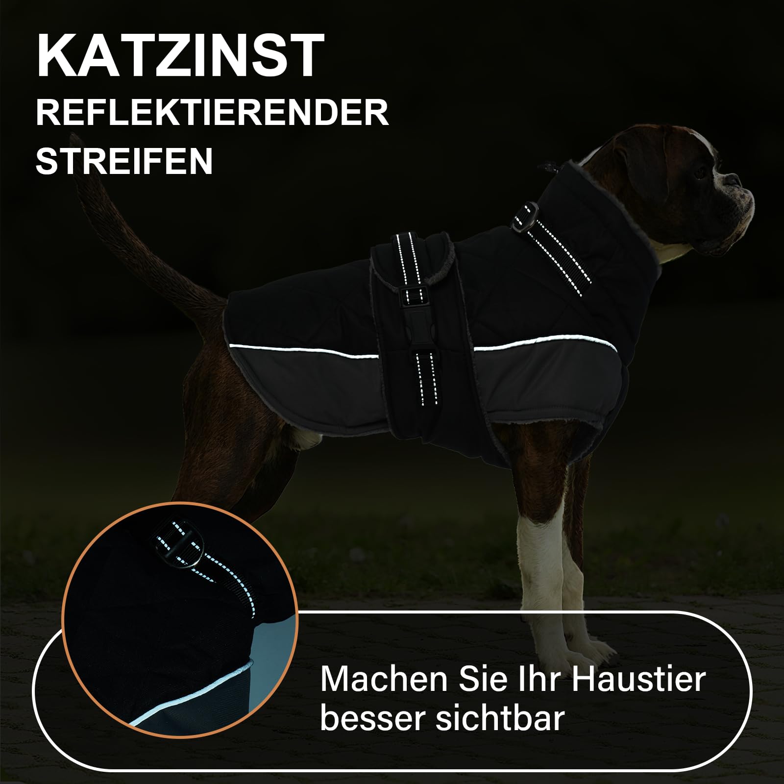 Hundemantel, Hunde Wintermantel mit Reflektierenden Streifen Geschirr Faltbarer Fleece Ausschnitt, Wasserbeständig Hundemantel für Große Hunde, Deutsche Dogge, Schwarz, 3XL