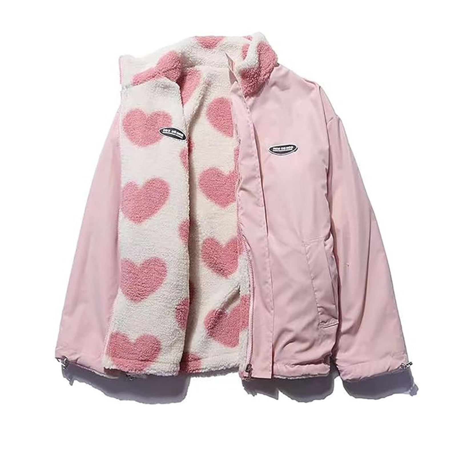 Giacche in Pile Sherpa da Donna, Reversibile Kawaii con Stampa a Cuore, Cerniera Pelosa Cappotti Cutecore Estetica Y2k Vestiti Gyaru