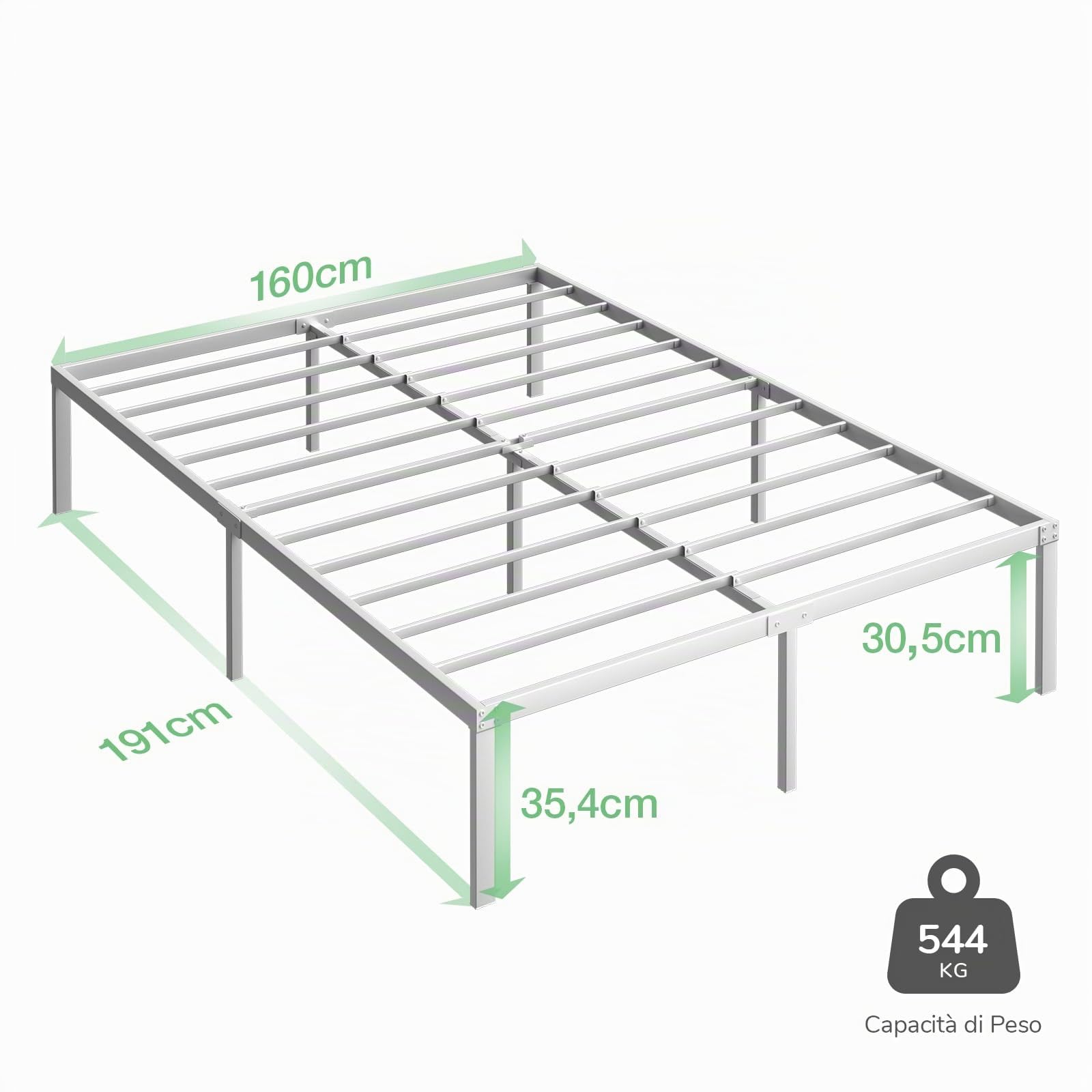 Novilla Rete Letto Matrimoniale 160x190 Struttura Letto Piattaforma, Supporto a Doghe in Acciaio, Base del Materasso, Montaggio Facile, Spazio di Archiviazione Sotto il Letto, Bianco