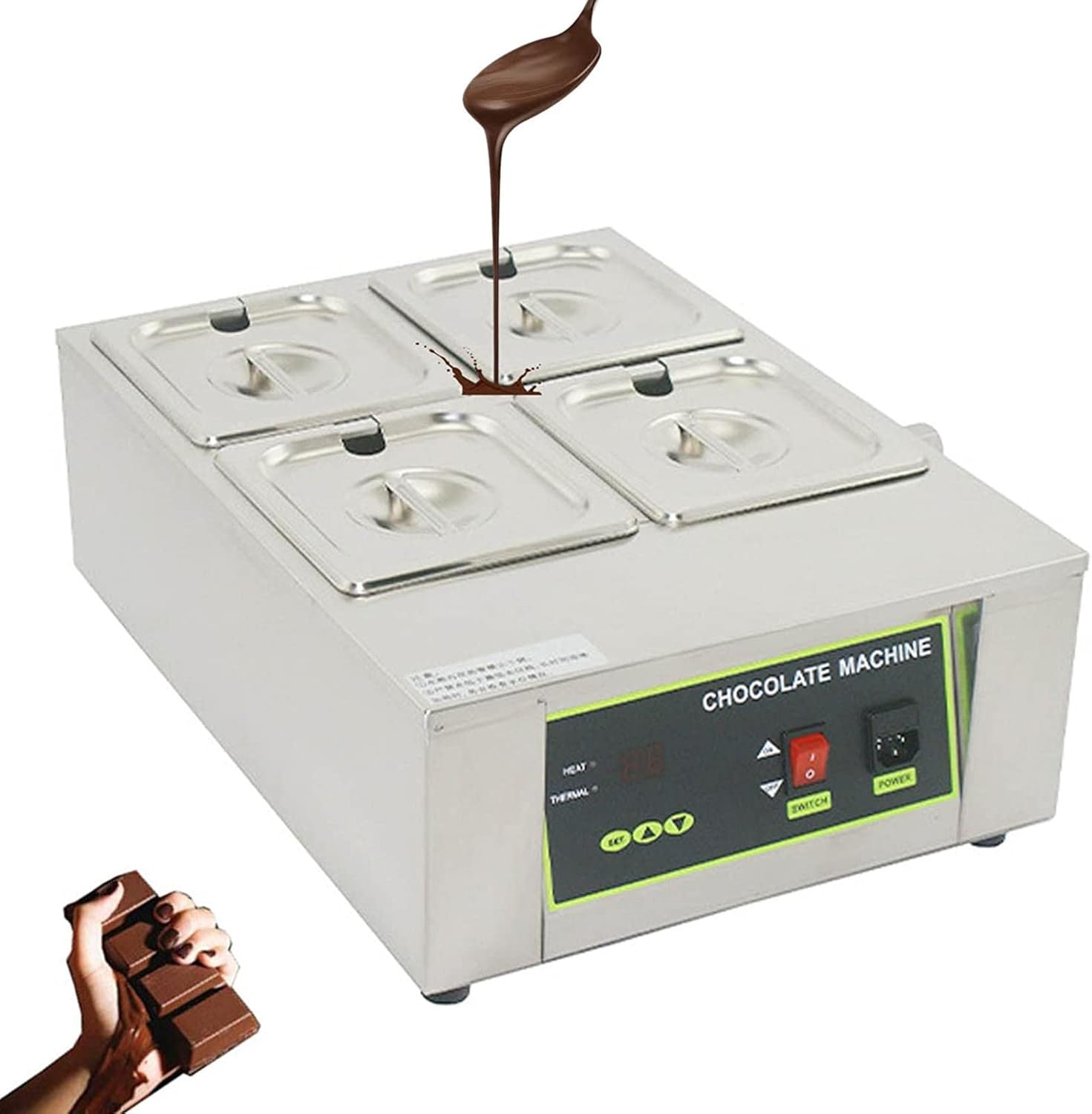 1000w Chocolate Melting Furnace, Commercial Candy Melting Furnace, 8kg Capacity, 0-95 ℃ Adjustable, 4 Cylinders, Used for Baking/Pastry/Food Insulation