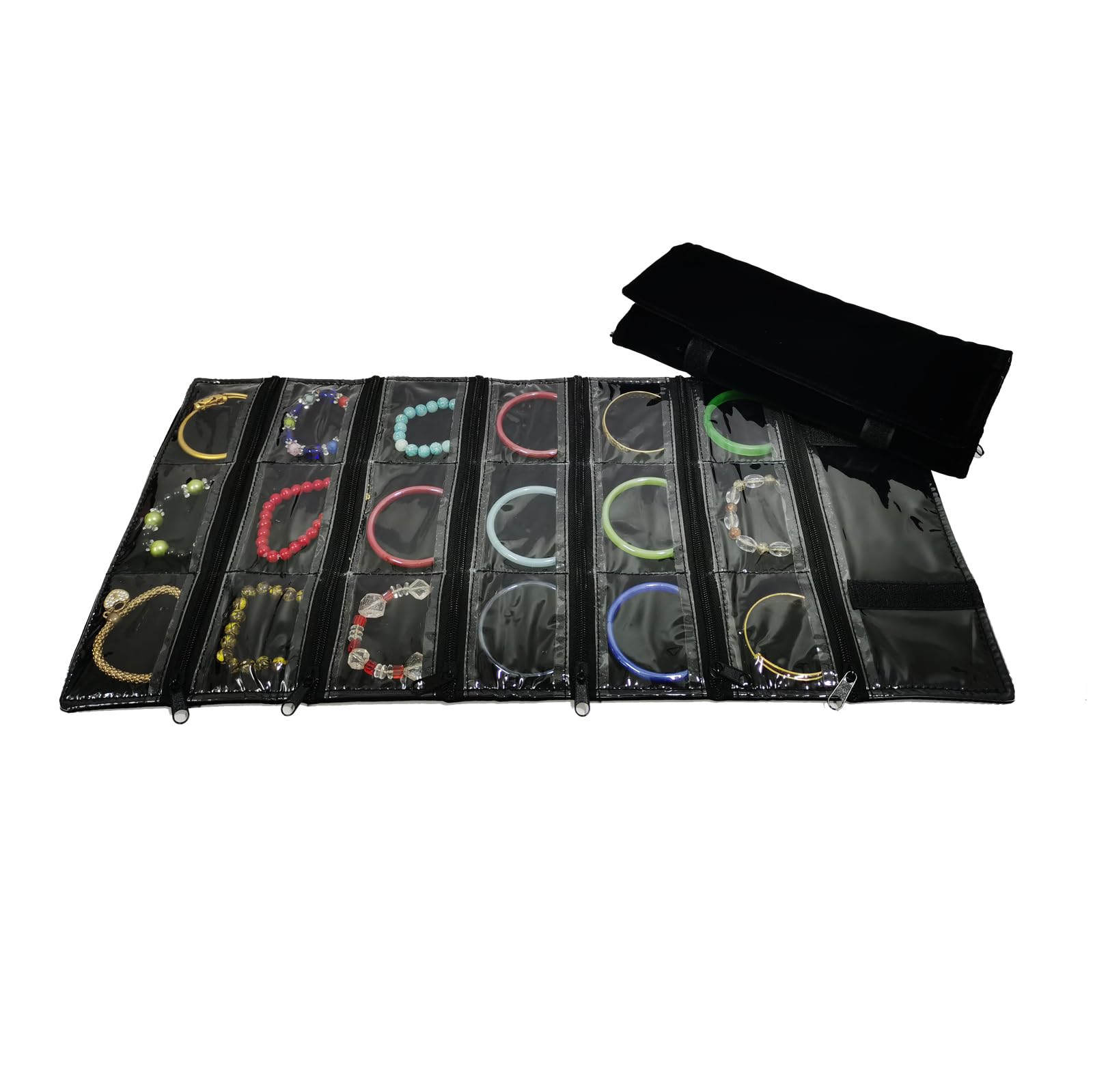 SCILHEFT Trousse à bijoux de voyage en velours pour collier, 9 grilles zippées, noir (18 compartiments)