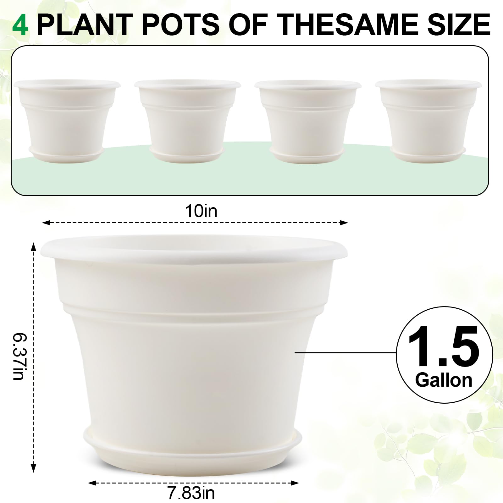 Pottiffe 10 Inch Plastic-Flower-Pot-for-Indoor-Plants, 4 Pack Large Outdoor Planter Pot with Drainage Holes & Saucers - Image 5