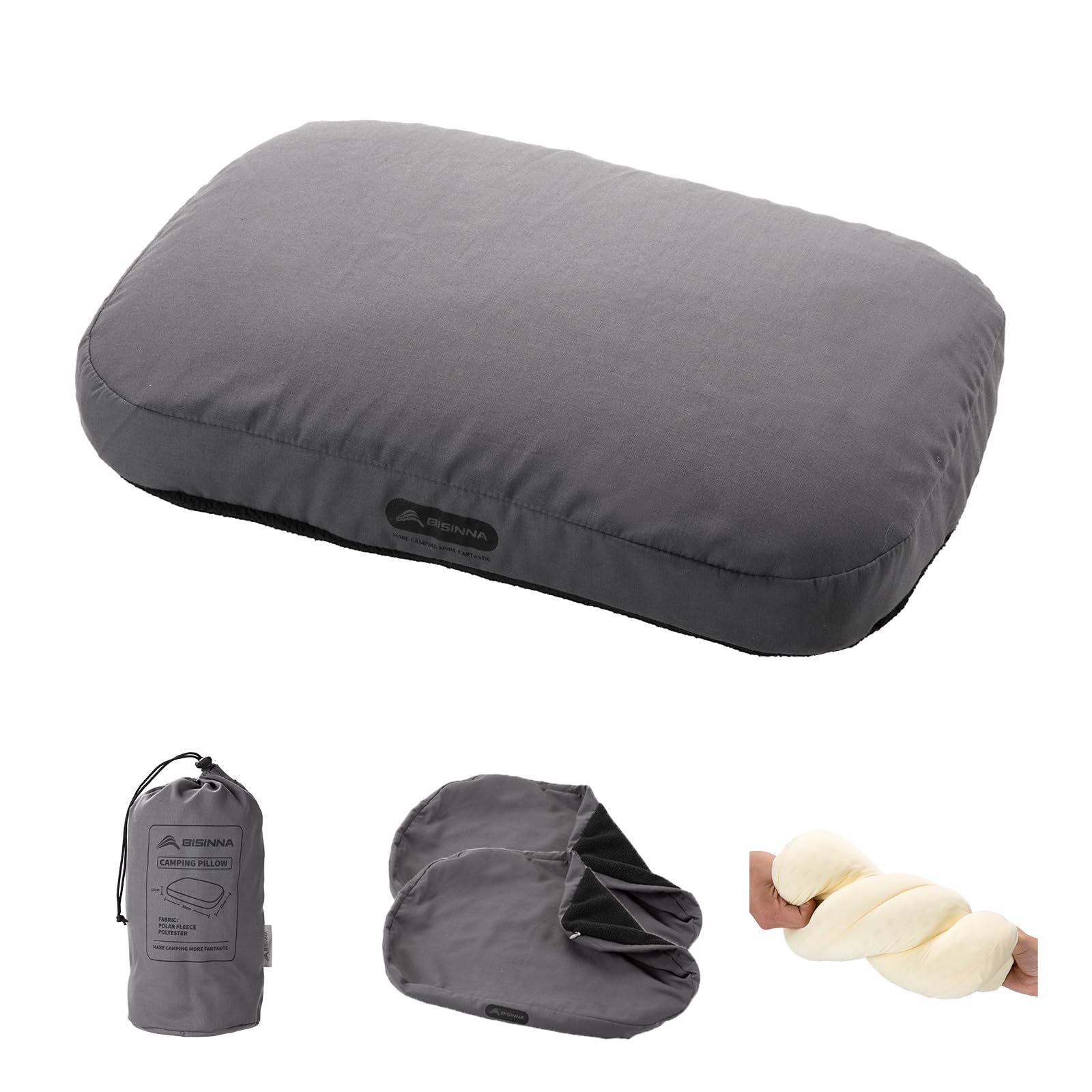 BISINNA Camping Memory Foam Pillow, Ultralight Travel Pillow, Neck Support, Soft Ergonomic Sleeping Pillow for Camping, Car, Office (Grey)