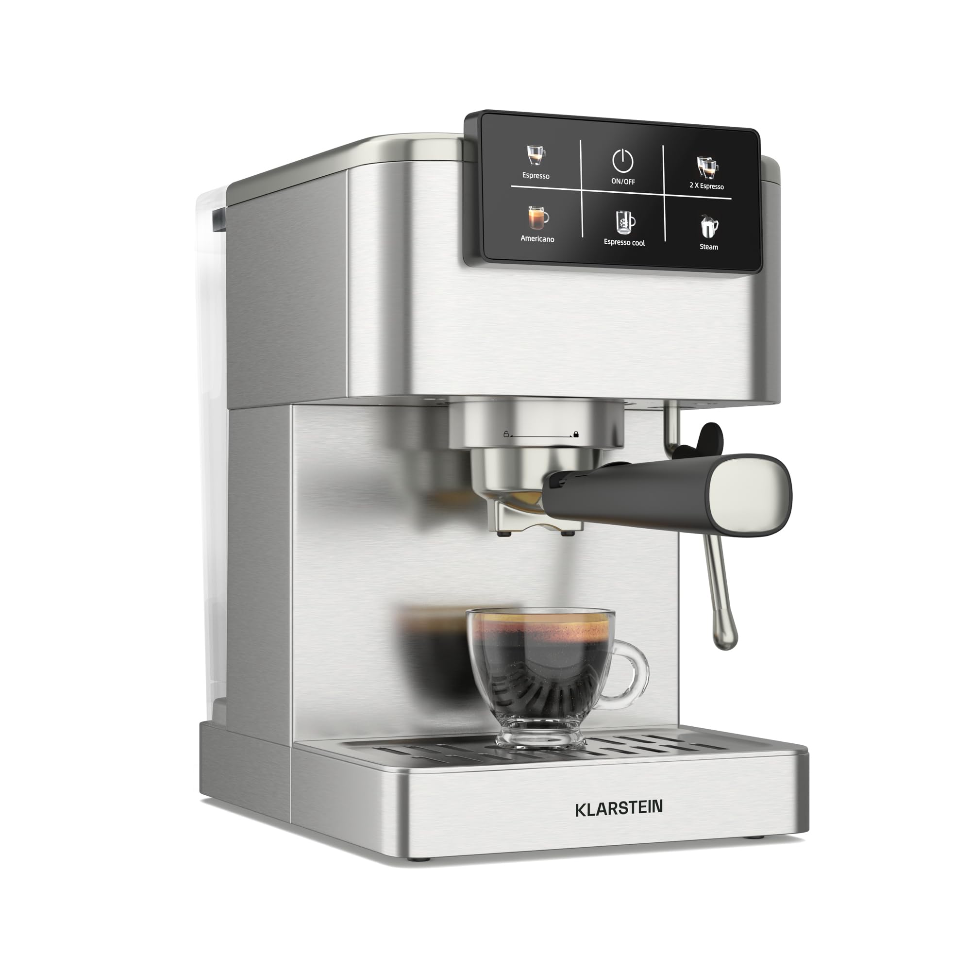 Klarstein SteelPresso Touch ekspres do sitka, 20 barów, 1350 W, stal nierdzewna, zbiornik na wodę 1,5 l, wyświetlacz dotykowy, zintegrowany spieniacz do mleka, kompaktowa konstrukcja, ekspres do kawy