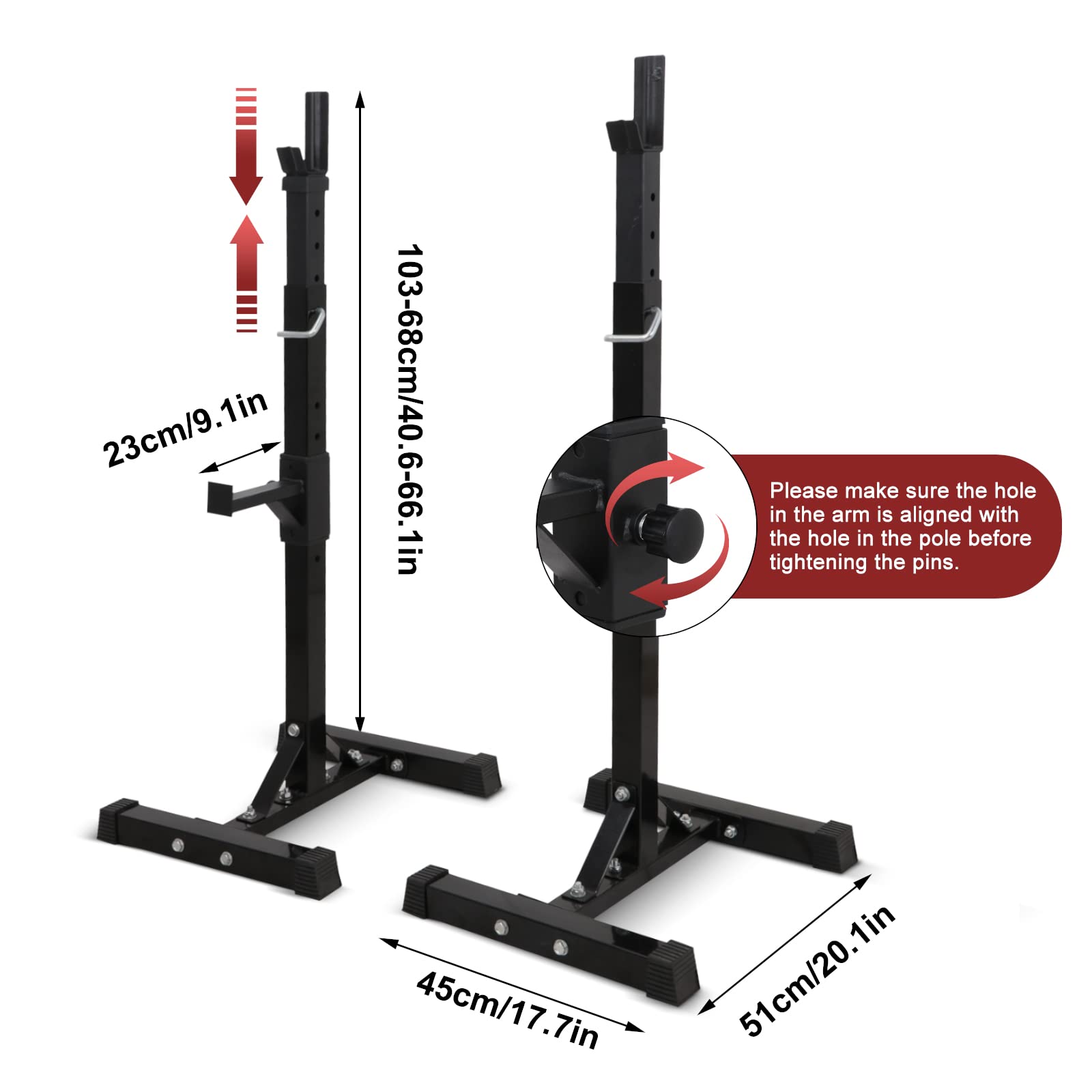 Par de soportes para sentadillas, soporte de prensa de banco ajustable de 40 a 66 pulgadas, soporte de barra de acero sólido de 550 libras de carga, soportes portátiles para mancuernas