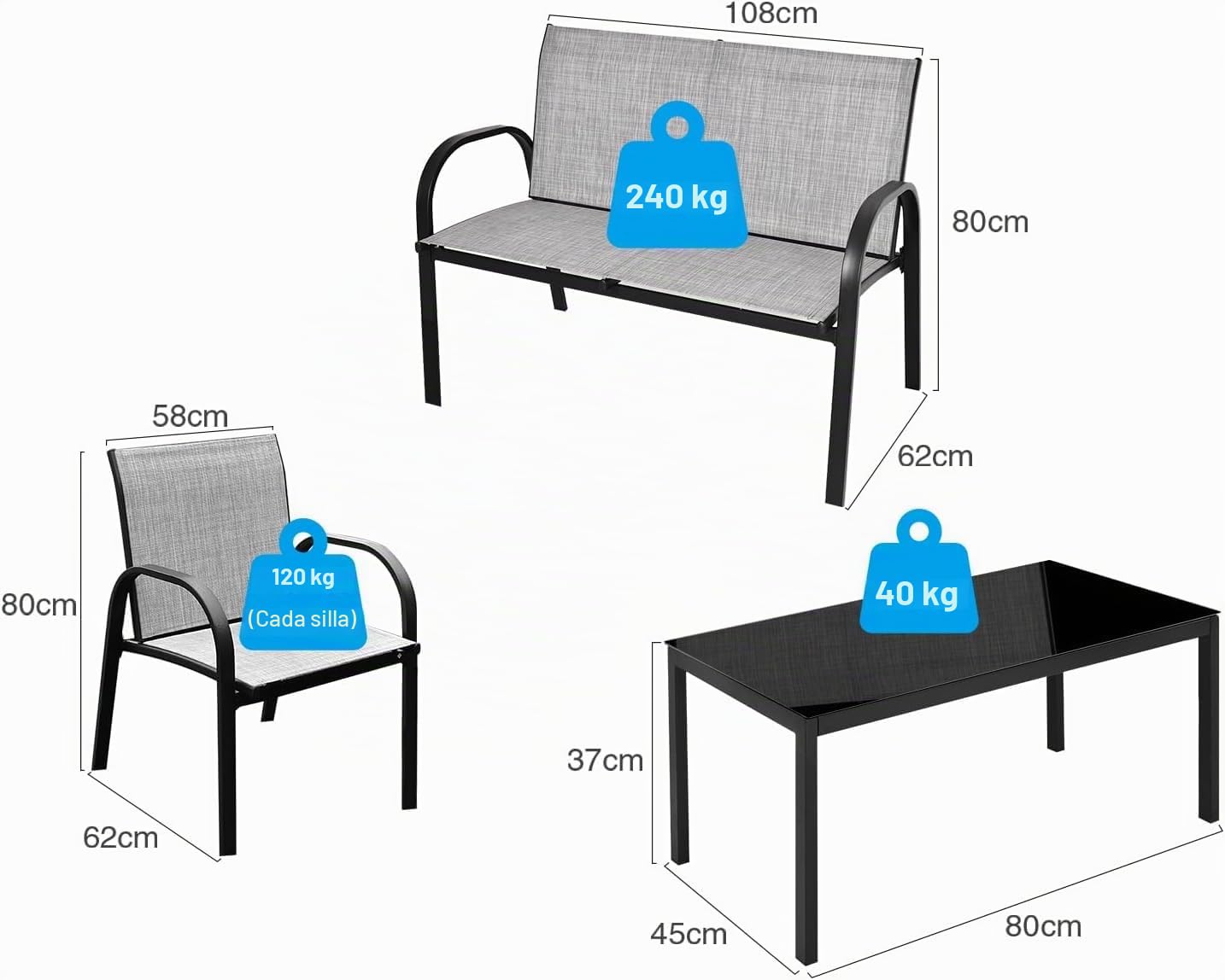 GOPLUS Conjunto de Muebles de Jardín 4 Piezas, 1 Mesa de Centro, 1 Sofá y 2 Sillones con Apoyabrazos Lisos, Tela de Malla, para Jardin, Piscina, Terraza, Patio (Gris)