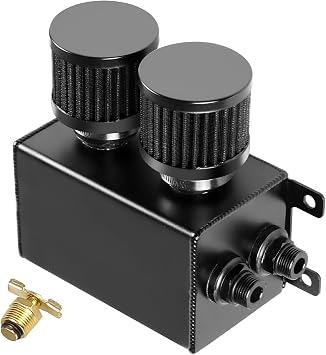 BHB 1.2L Universal Aluminum 10AN Twin Baffle Dual Filter Engine Oil Catch Can Tank With 2 Air Filters Oil Catch Reservoir Tank Can Breather Kit Black