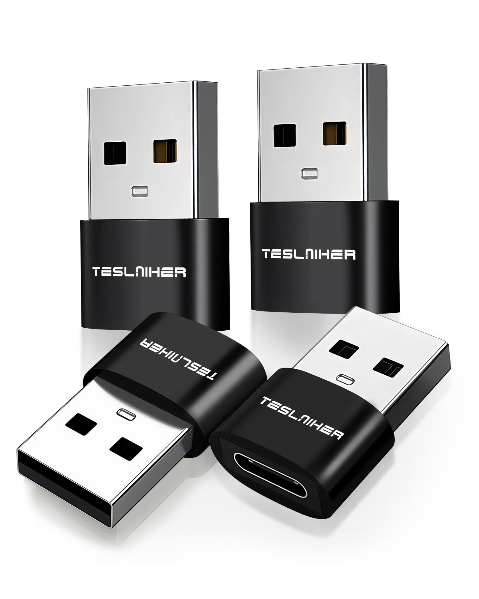 Teslniher USB to USB C Adapter 4 Pack, USB C Female to A Male Adapter, Type C to USBA Charger Converter Compatible with iPhone 17 16 15 14, iPad Pro