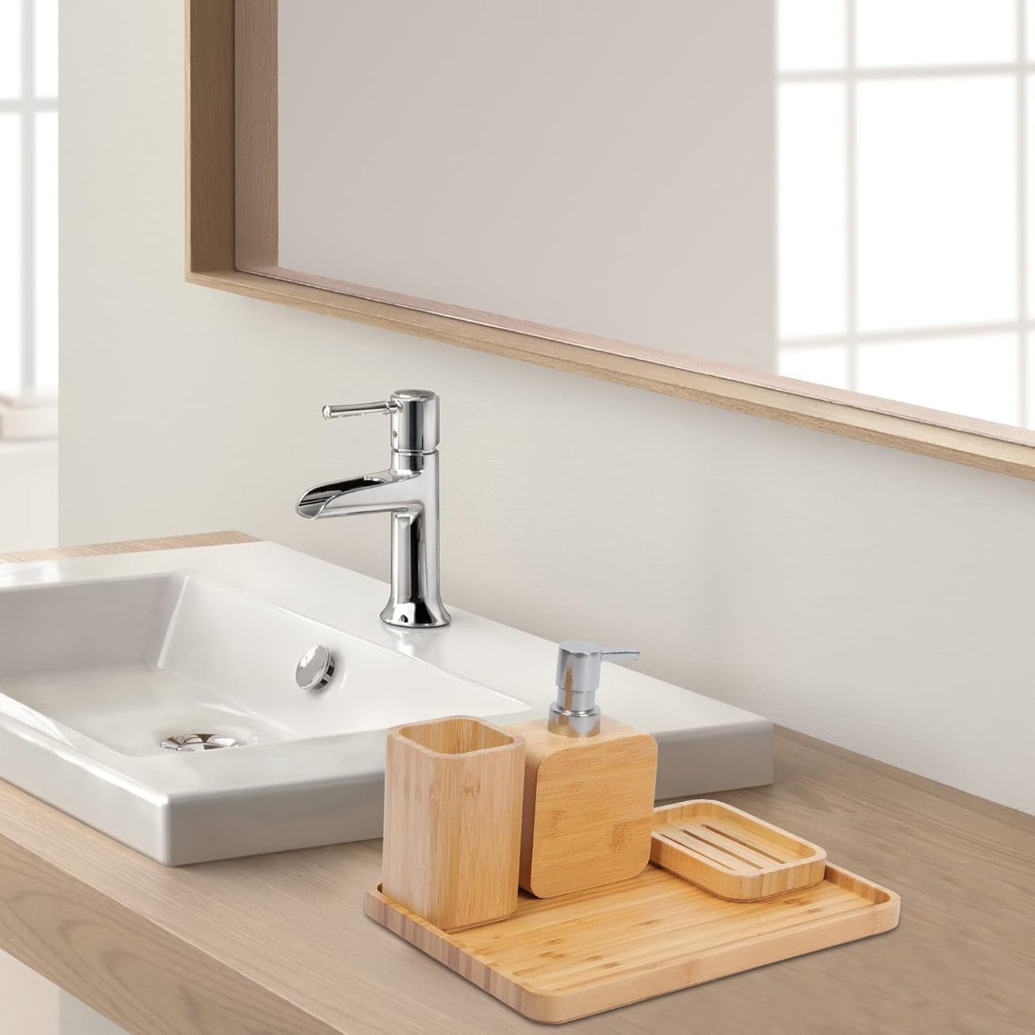 4Pcs Handmade Bamboo Sink & Bathroom Accessories Set Retro Set, Natural, Soap Dish Holder for Shower, Lotion Soap Dispenser, Mouthwash Cup, Rinse Cup, Organiser Tray for Hotel, House, Office - Image 2