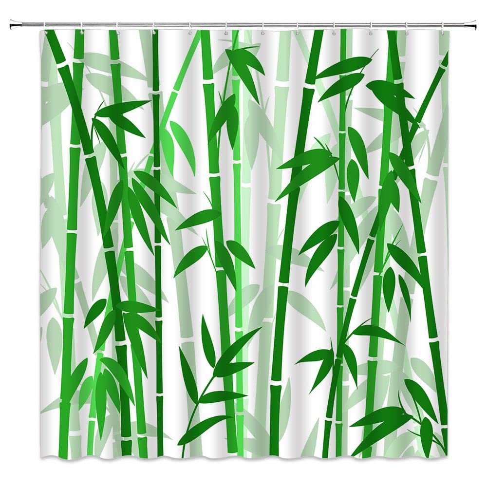 ZKJSMGS Bamboo Shower Curtain Green Bamboo Forest Tree Japanese Asain Art Rustic Wild Nature Plant Scenic Watercolor Fresh Spa Fabric Bathroom Sets with Hooks,White Green