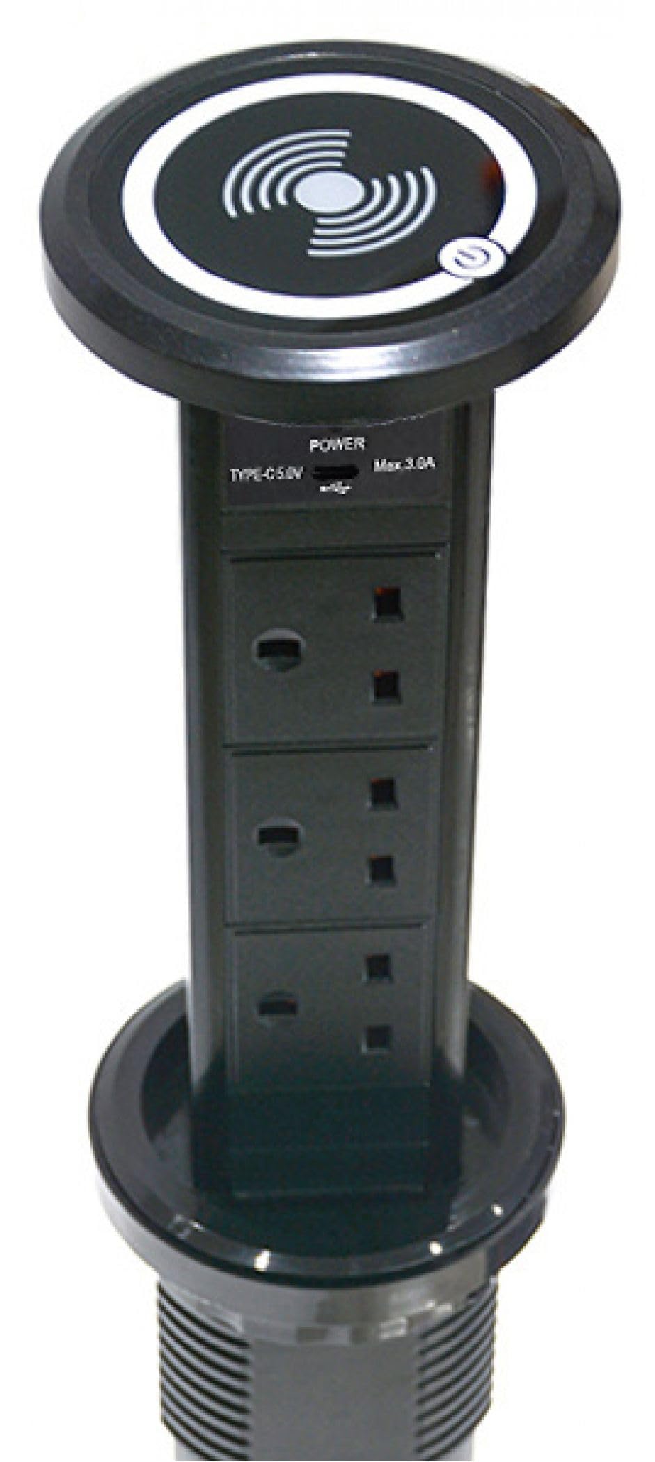 Leyton Lighting POW-6M-B Motorised Pop-up Socket Power Port, QI & USB Charger, Black