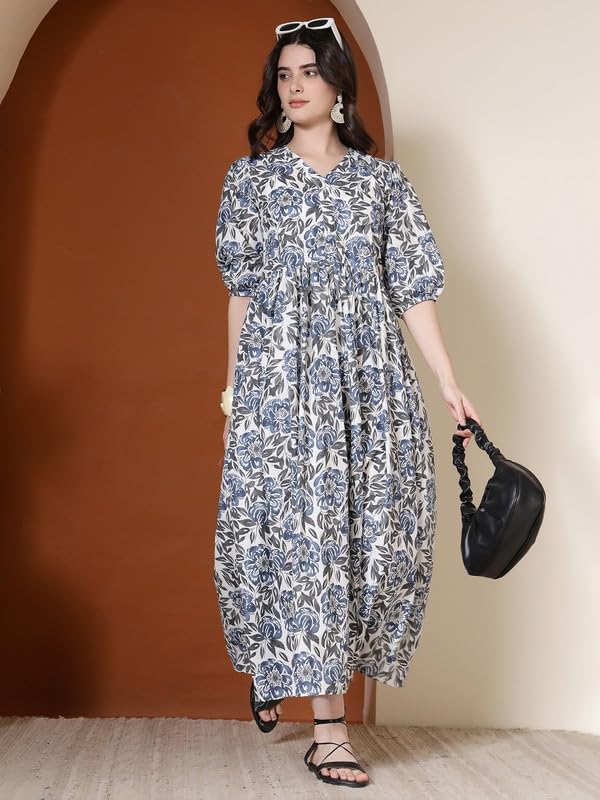 Image of Daevisn Tog Cotton Floral Printed Flared Maxi Dress for Women | Women Women Maxi Length Dress