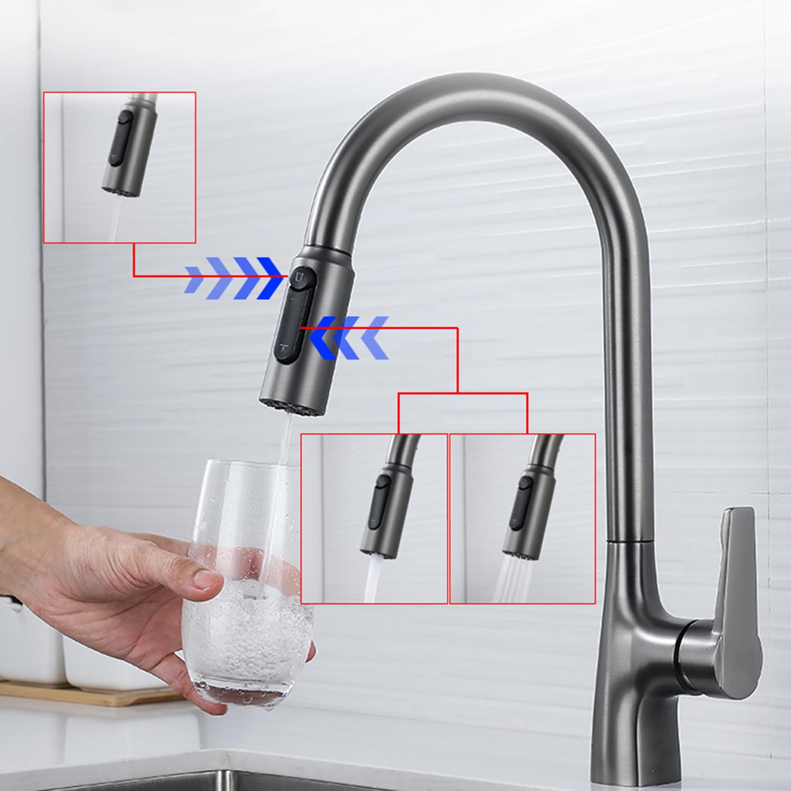 Robinet de Cuisine à col de Cygne Haut, 3 Voies, Bec extractible, poignée Unique, Double Fonction pour l'eau Potable, Design élégant, Installation en Angle Peu encombrante