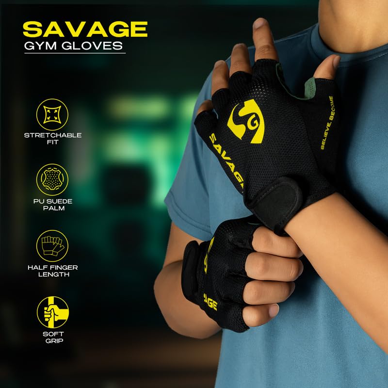 Image of SG Savage Gym Gloves for Men & Women | Half Finger Workout Gloves with Non-Slip Palm, Weightlifting & Training Gloves with Wrist Support for Gym, Fitness, Exercise & Cycling